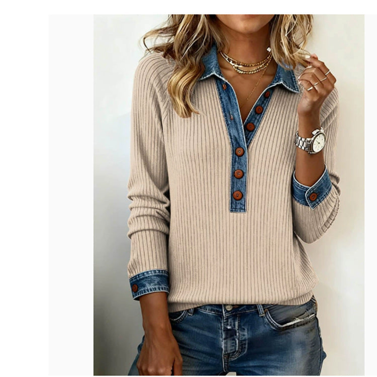 Euro-American Denim-Trimmed Loose T-Shirt for Women FitiqueFit