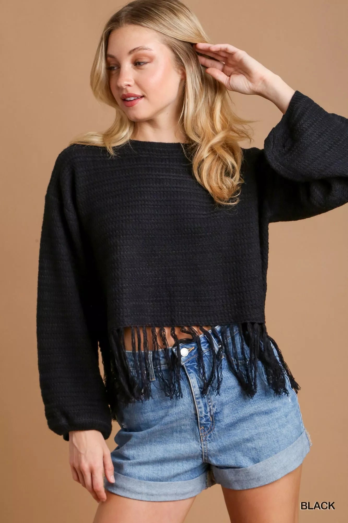 Umgee Crochet Knit Crop Top with Frey Hem West2East Surf