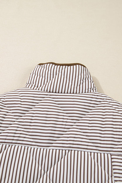 Brown Stripe Quilted Wavy Hem Snap Button Plus Size Vest Garden Naked Curves