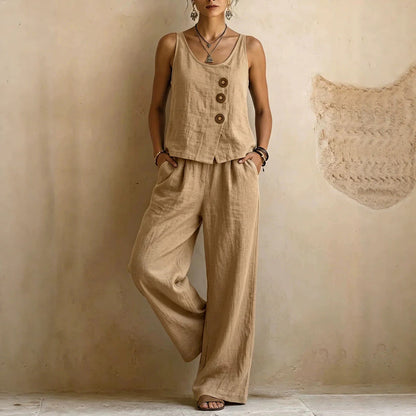 Women's Cotton Linen Sleeveless Tank Top & Pants Two-Piece Set FitiqueFit
