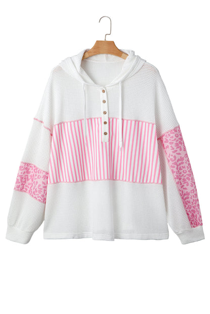 Pink Stripe Leopard Patchwork Waffle Knit Buttoned Plus Size Hoodie Garden Naked Curves
