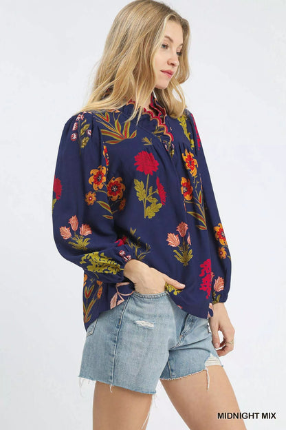 Umgee Flower Print Blouse with Scalloped Neckline FitiqueFit