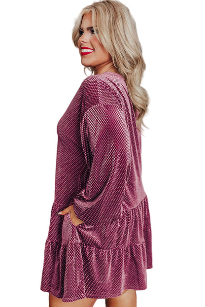 Meadow Mauve Plus Size Textured Velvet Tiered Buttons Tiered Dress Garden Naked Curves