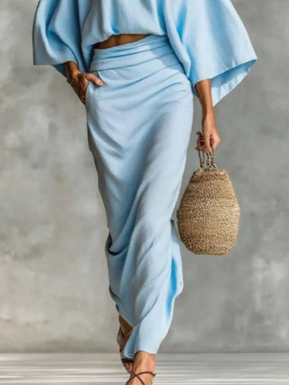 Full Size Kimono Sleeve Top and Ruched Skirt Set Plus Size See size chart under “more details” The Fashion Celestial