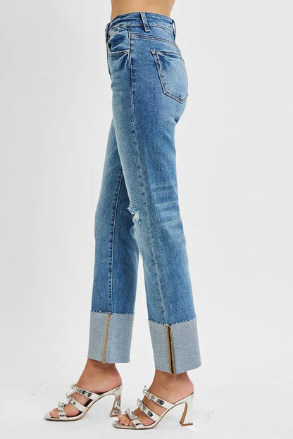 RISEN Full Size High Rise Ankle Straight Wide Cuffed Jeans Plus Size West2East Surf