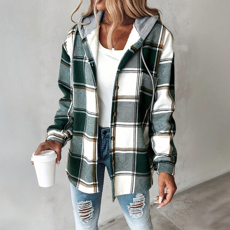 Women's Plaid Hoodie Long Sleeve Jacket With Pocket FitiqueFit
