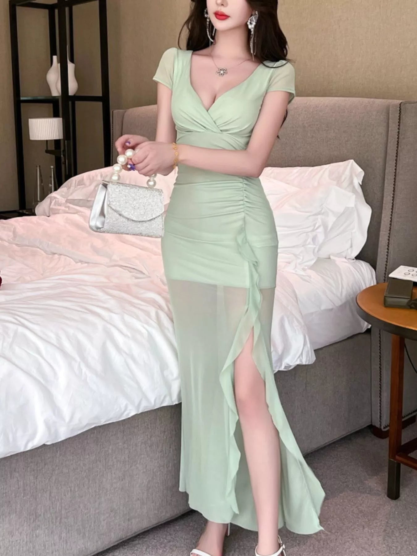 Tie-Dye Surplice Ruffle Slit Dress New Era Fashion LLc