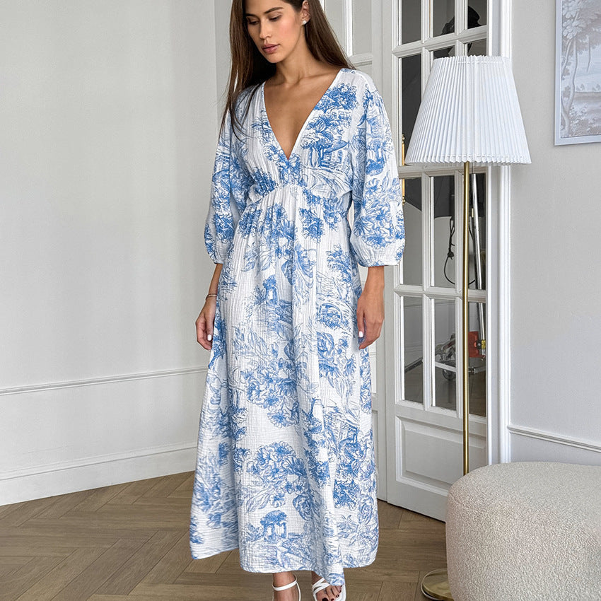 Elegant V-neck Lantern Sleeve All-matching Printed Dress Grayceful LLC