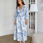 Elegant V-neck Lantern Sleeve All-matching Printed Dress Grayceful LLC