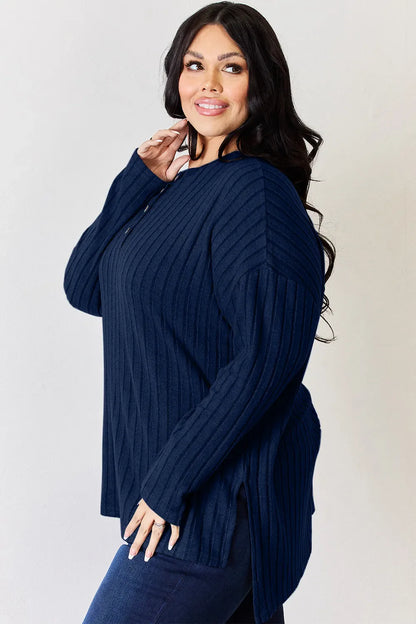 Basic Bae Full Size Ribbed Half Button Long Sleeve High-Low T-Shirt New Era Fashion LLc