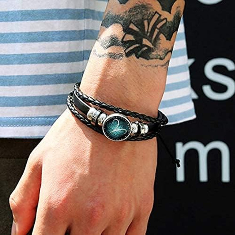 2Pcs Zodiac Bracelets for Women 12 Constellations Multilayer Leather Bracelet Handmade Woven Zodiac Sign Wrap Wristband Cuff Bracelet Zodiac Gifts for Birthday Christmas
