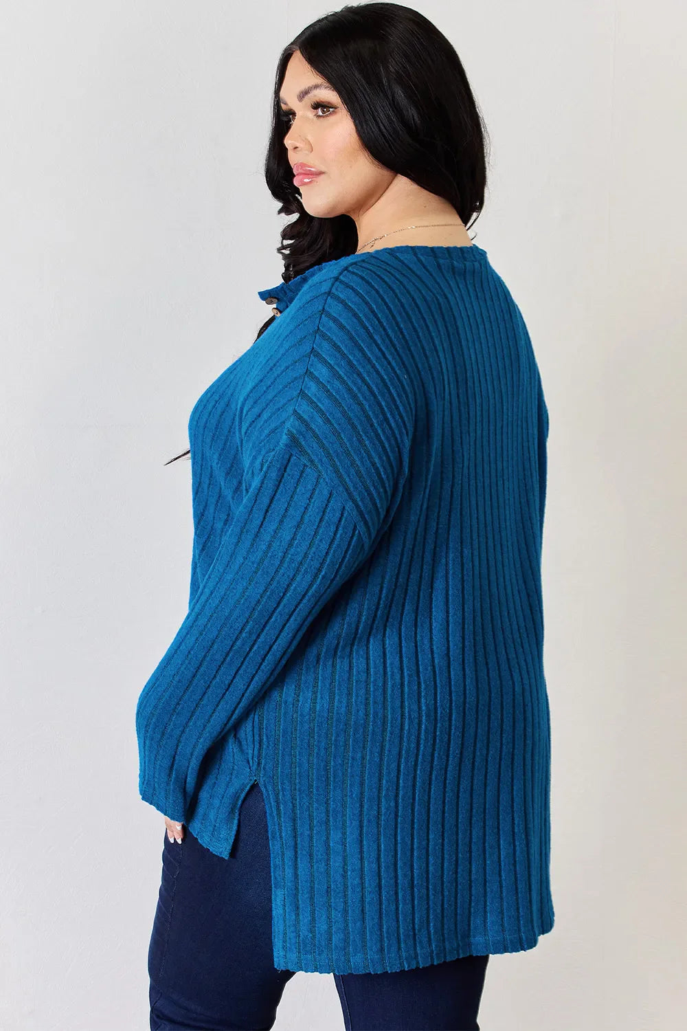 Basic Bae Full Size Ribbed Half Button Long Sleeve High-Low T-Shirt New Era Fashion LLc