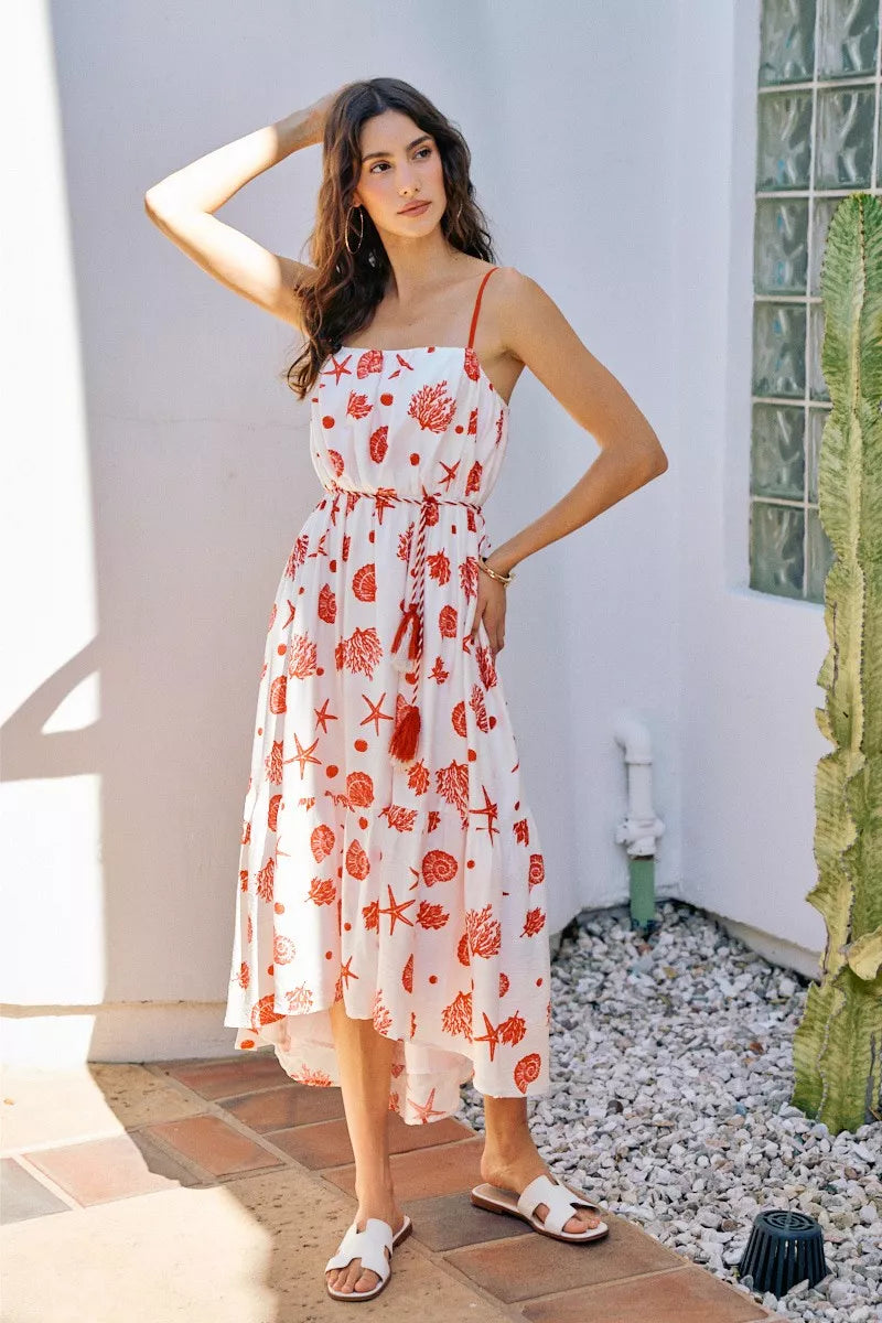 SO ME Shell Print Tiered Lined Midi Cami Dress With Belt New Era Fashion LLc