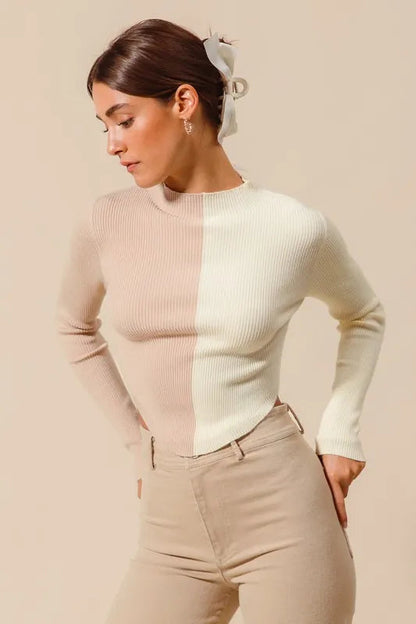 SO ME Color Block Fitted Crop Sweater Top West2East Surf