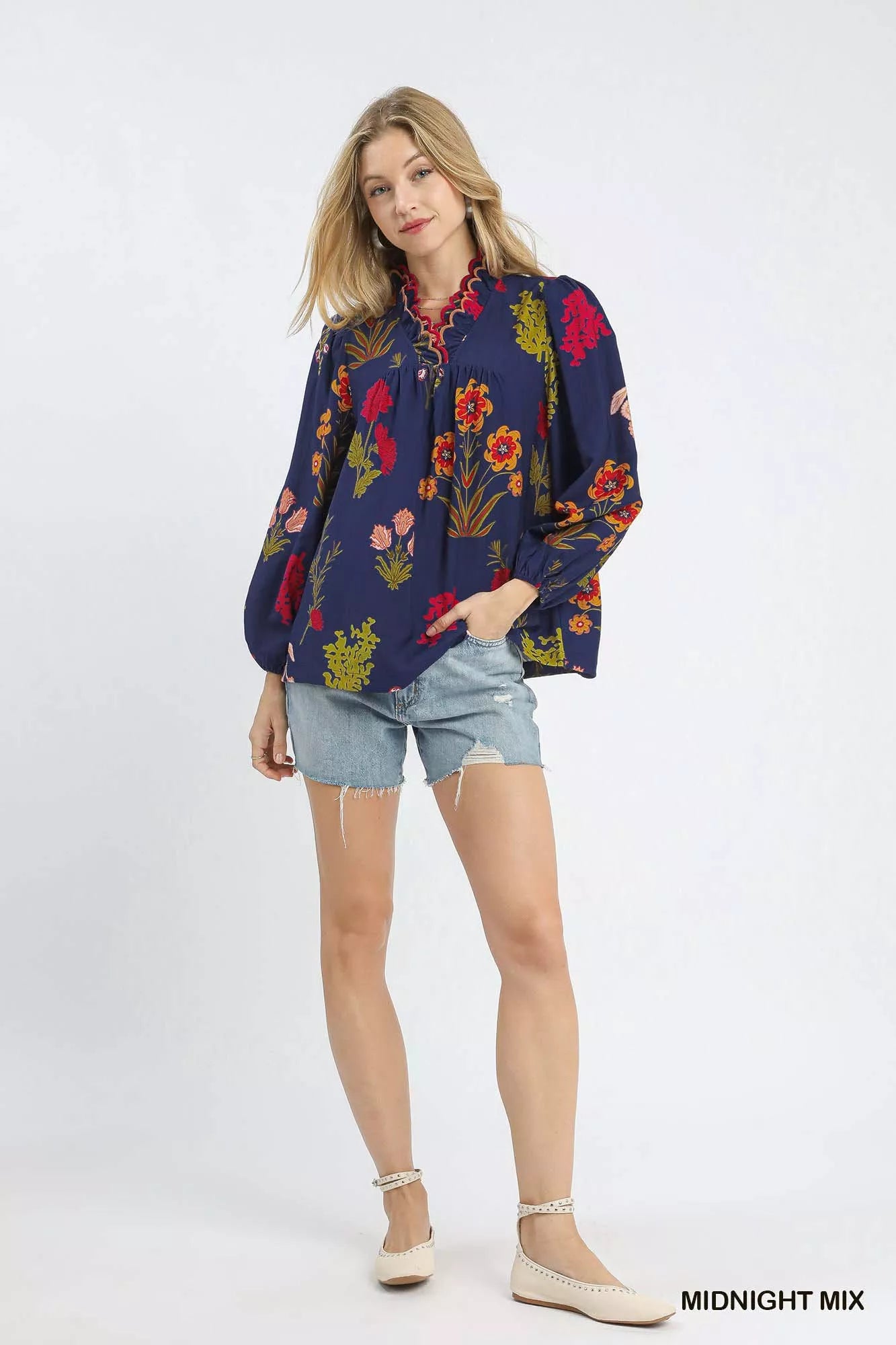 Umgee Flower Print Blouse with Scalloped Neckline FitiqueFit
