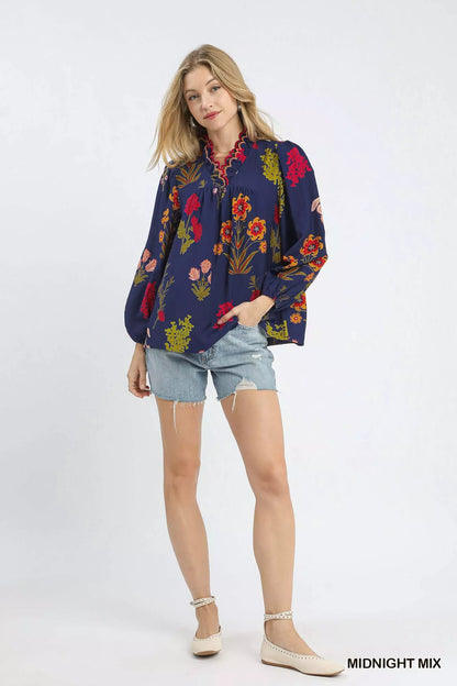 Umgee Flower Print Blouse with Scalloped Neckline FitiqueFit