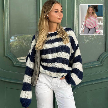 Loose Striped Pullover Sweater Fashion Versatile Long-sleeved Knitted Tops For Women Clothing See size chart under “more details” The Fashion Celestial