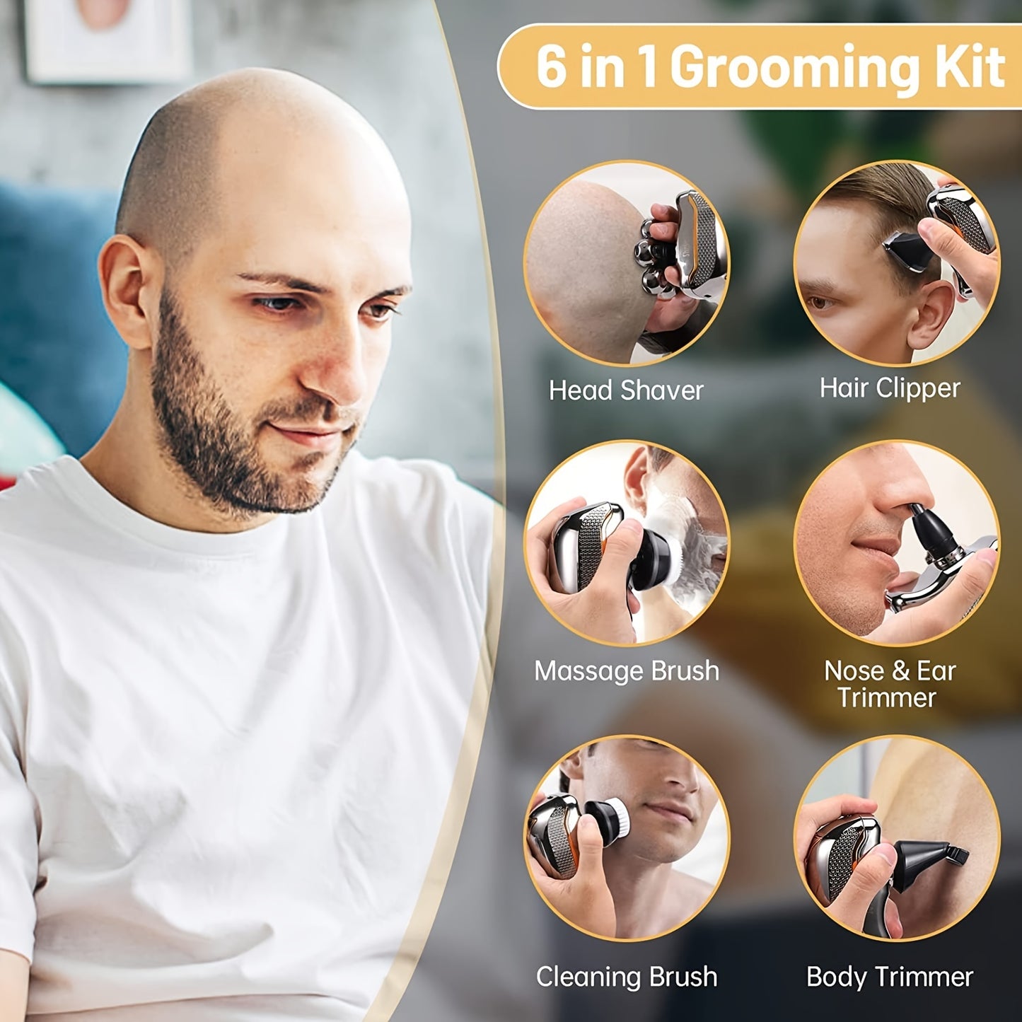 Men's Electronic Head Shaver Razor - Rechargeable Cordless Hair Shaving Razors For Bald Man 6 In 1 Wet Dry Beard Trimmer Body Hair Cutting Clipper Grooming Kit 7 Rotary Heads NovaCart