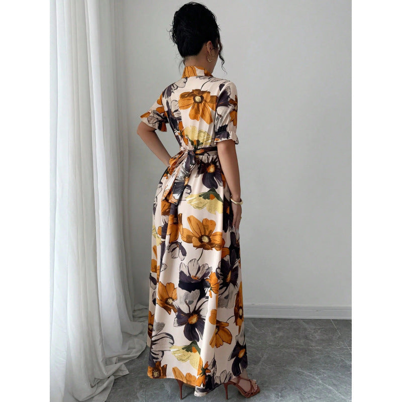 Women’s Printed Puff Sleeve Dress – Blouse Collar Cross-Tie Waist Style FitiqueFit