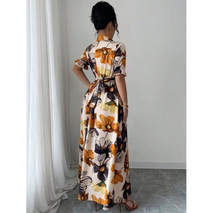 Women’s Printed Puff Sleeve Dress – Blouse Collar Cross-Tie Waist Style FitiqueFit