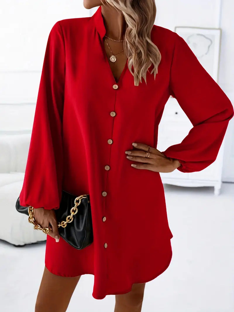 Women's V-Neck Long Sleeve Single-Breasted A-Line Dress FitiqueFit