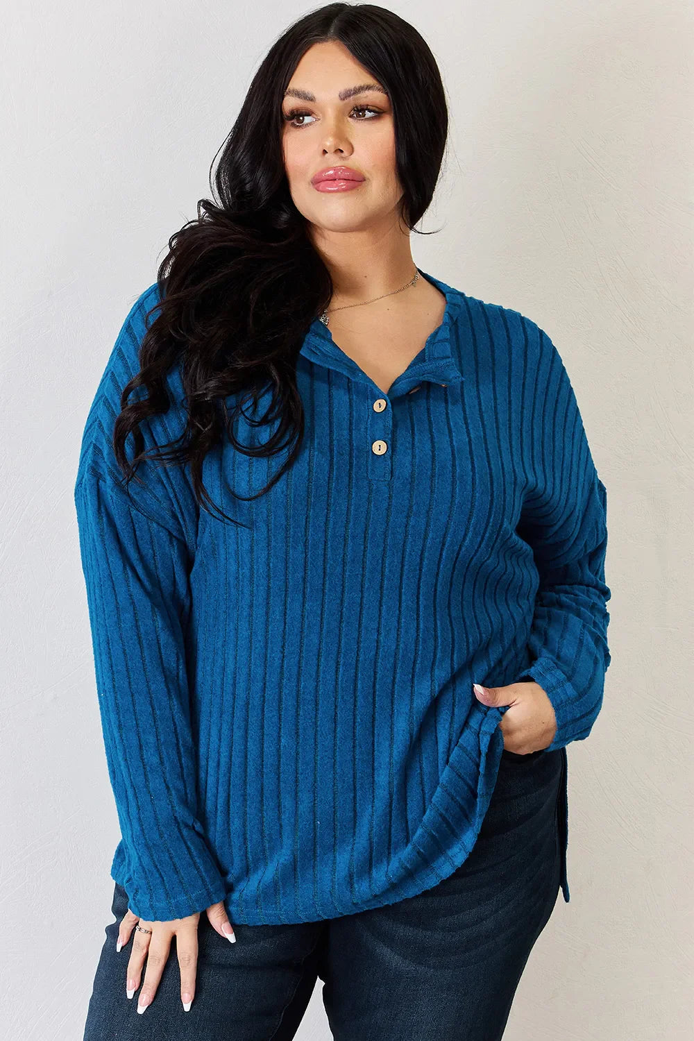 Basic Bae Full Size Ribbed Half Button Long Sleeve High-Low T-Shirt New Era Fashion LLc