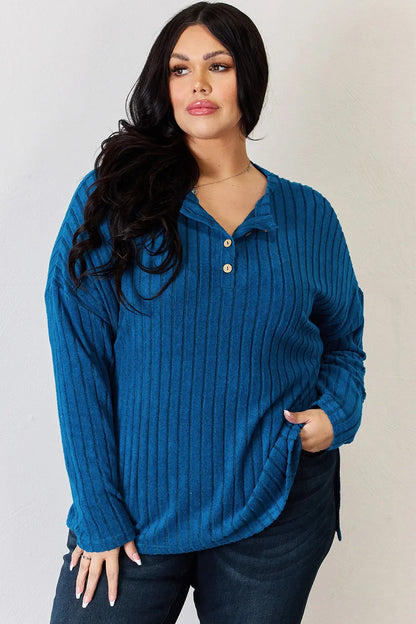 Basic Bae Full Size Ribbed Half Button Long Sleeve High-Low T-Shirt New Era Fashion LLc
