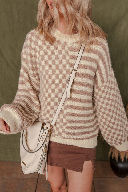 Stripe Checker Balloon Sleeve Sweater Shop Style & More | Fresh Looks, Everyday Deals & Free Shipping