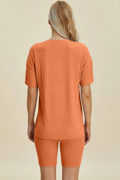 Basic Bae Full Size Ribbed V-Neck Short Sleeve Top and Shorts Set New Era Fashion LLc