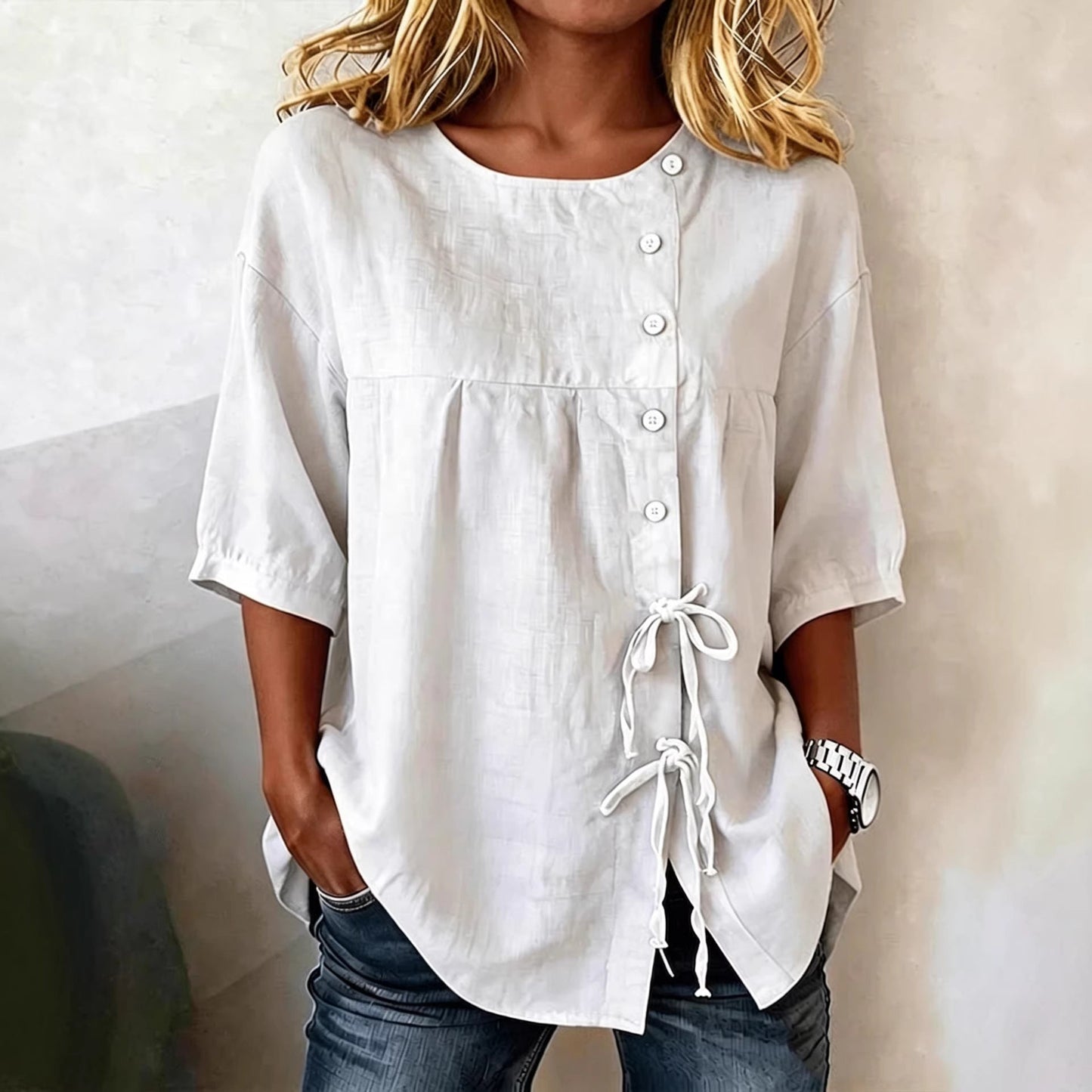 Women's Linen Lace-Up Button Shirt – 3/4 Sleeve Asymmetric FitiqueFit