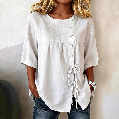 Women's Linen Lace-Up Button Shirt – 3/4 Sleeve Asymmetric FitiqueFit