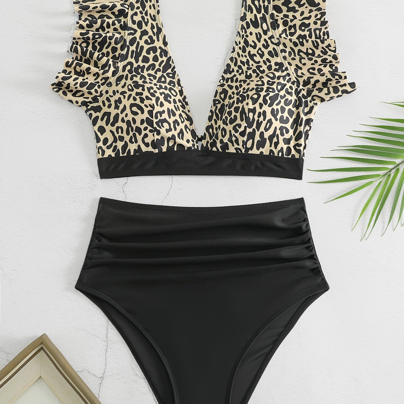Bikini Black Solid Color Ruffle V Neck 2 Piece Swimsuit for Women – High Waisted Flattering Bikini Set with Lettuce Trim Bottoms – Sleek Stretchy Fabric Swimwear for Beach Days Poolside Style and Summer Vacation Looks Stevvex