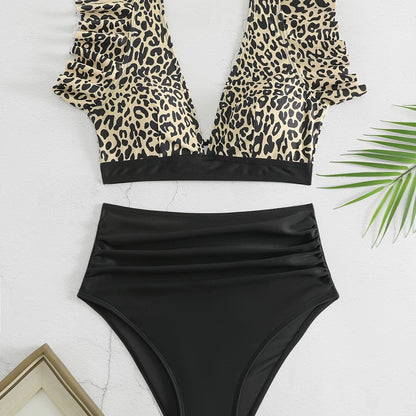 Bikini Black Solid Color Ruffle V Neck 2 Piece Swimsuit for Women – High Waisted Flattering Bikini Set with Lettuce Trim Bottoms – Sleek Stretchy Fabric Swimwear for Beach Days Poolside Style and Summer Vacation Looks Stevvex