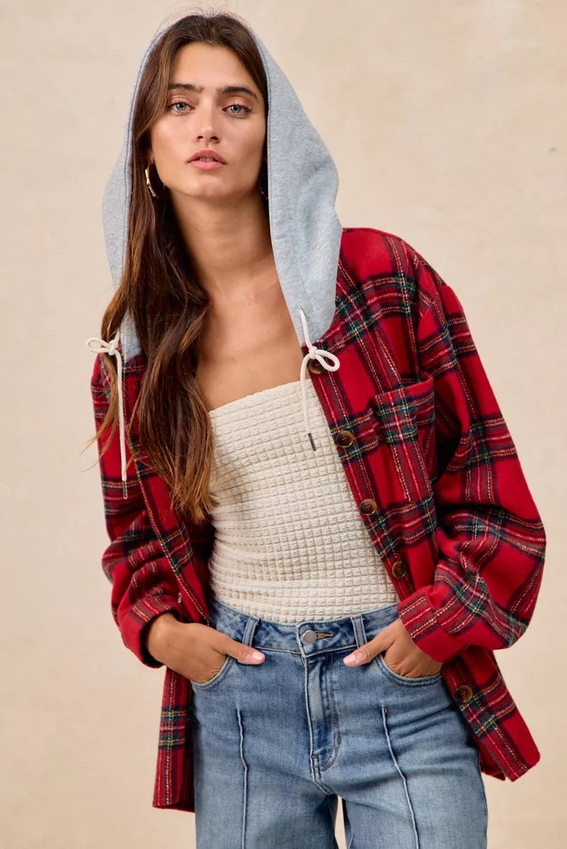 BiBi Brushed Plaid Hooded Jacket FitiqueFit