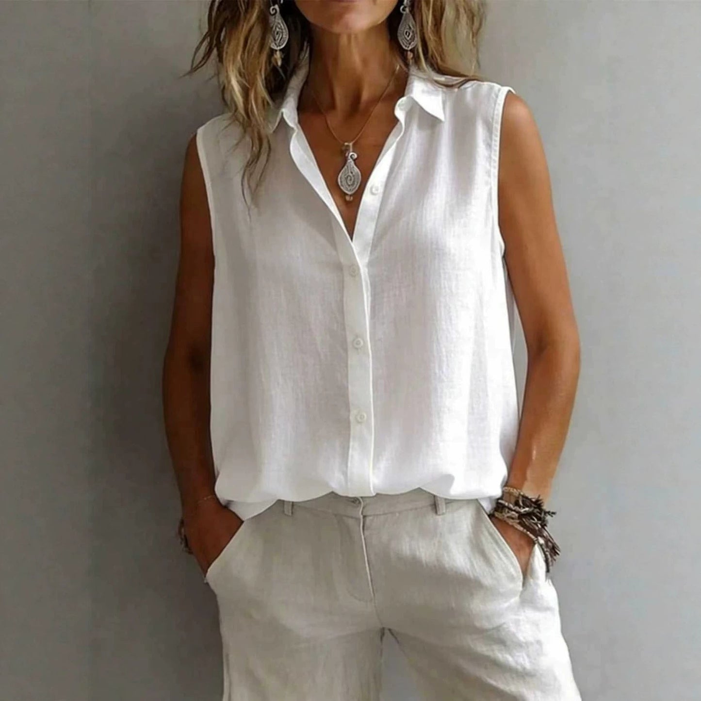 Women's Solid Color Lapel Sleeveless Top FitiqueFit
