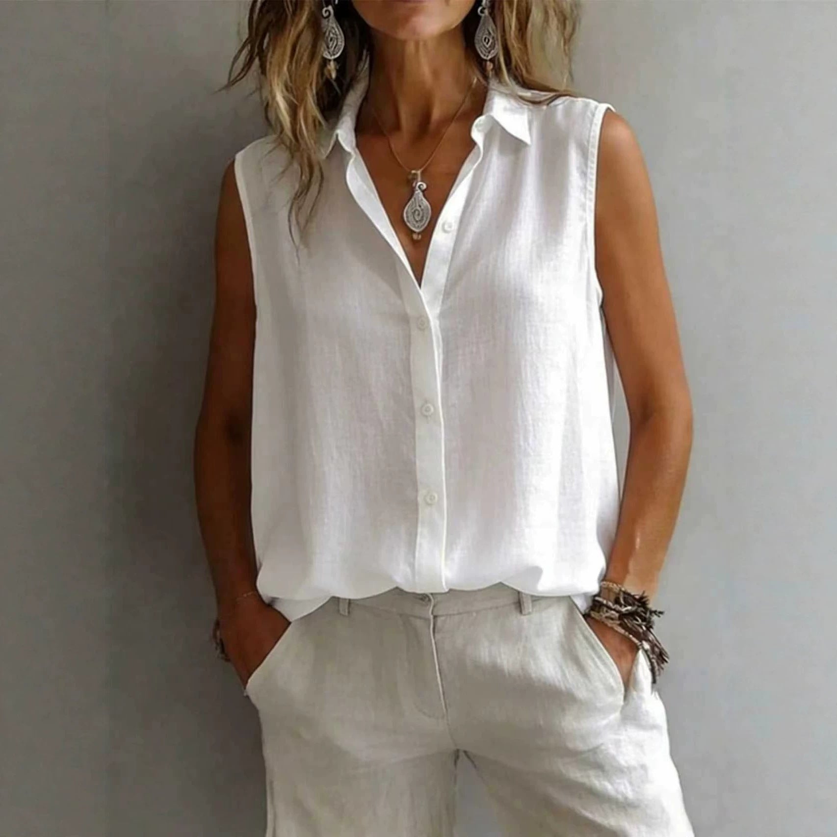 Women's Solid Color Lapel Sleeveless Top FitiqueFit
