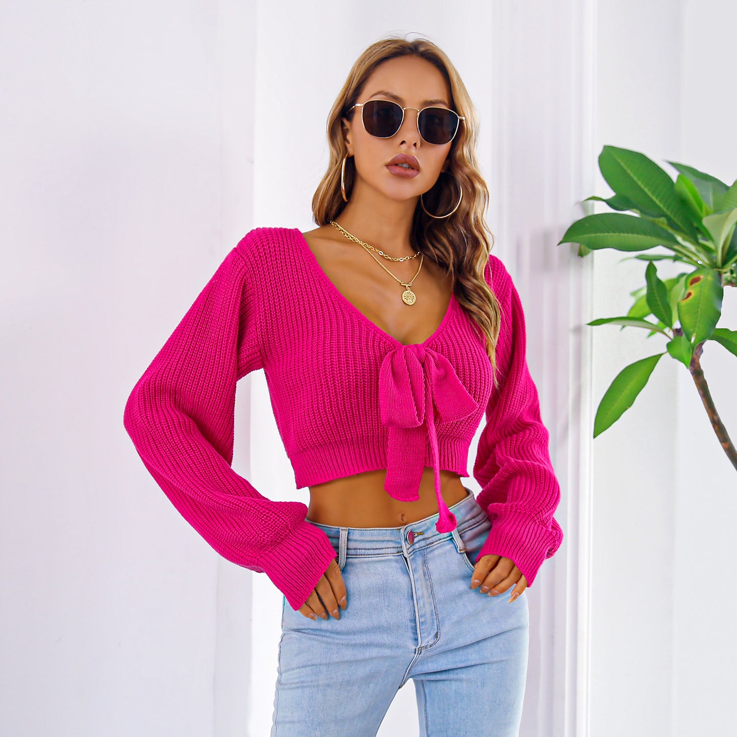 Sexy Bowknot V Neck Crop Sweater, Casual Lantern Long Sleeve Loose Fall Winter Knit Sweater, Women's Clothing NovaCart