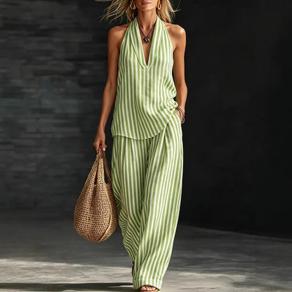 Women's Striped Sleeveless Top & Wide-Leg Pants Set – Fashionable 2-Piece FitiqueFit