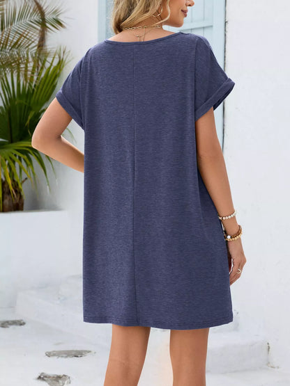 Lace Trim Notched Short Sleeve Dress New Era Fashion LLc
