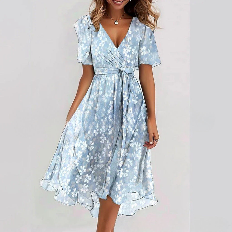 Floral Print A-Line Dress – V-Neck Short Sleeve Midi Dress FitiqueFit