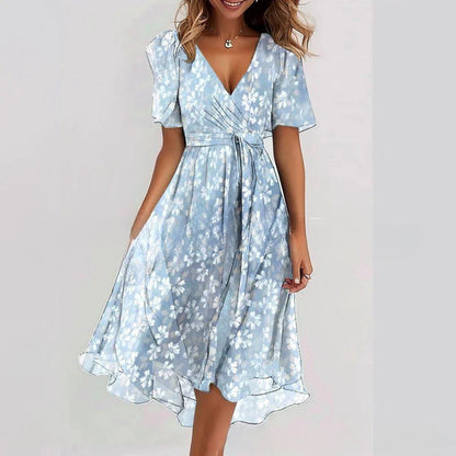 Floral Print A-Line Dress – V-Neck Short Sleeve Midi Dress FitiqueFit