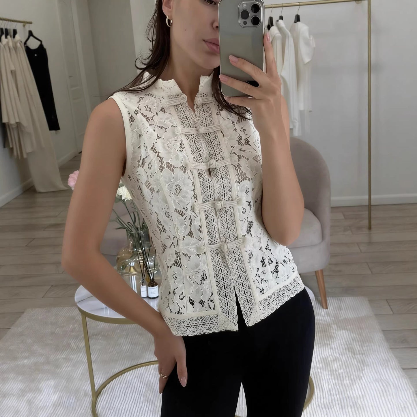 Lace Crochet Stand Collar Slim-Fit Sleeveless Top – 3 Colors, S–L FitiqueFit
