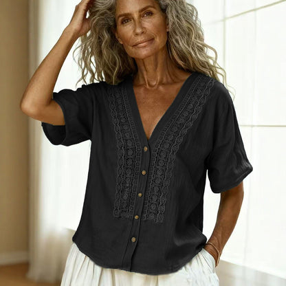 Women's Loose-Fit Faux Linen Embroidered Button-Up Top FitiqueFit