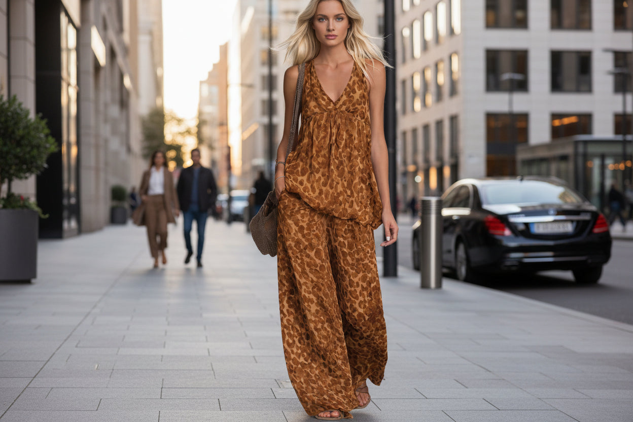Women’s Leopard Print Sleeveless Top and Chiffon Pants Set FitiqueFit