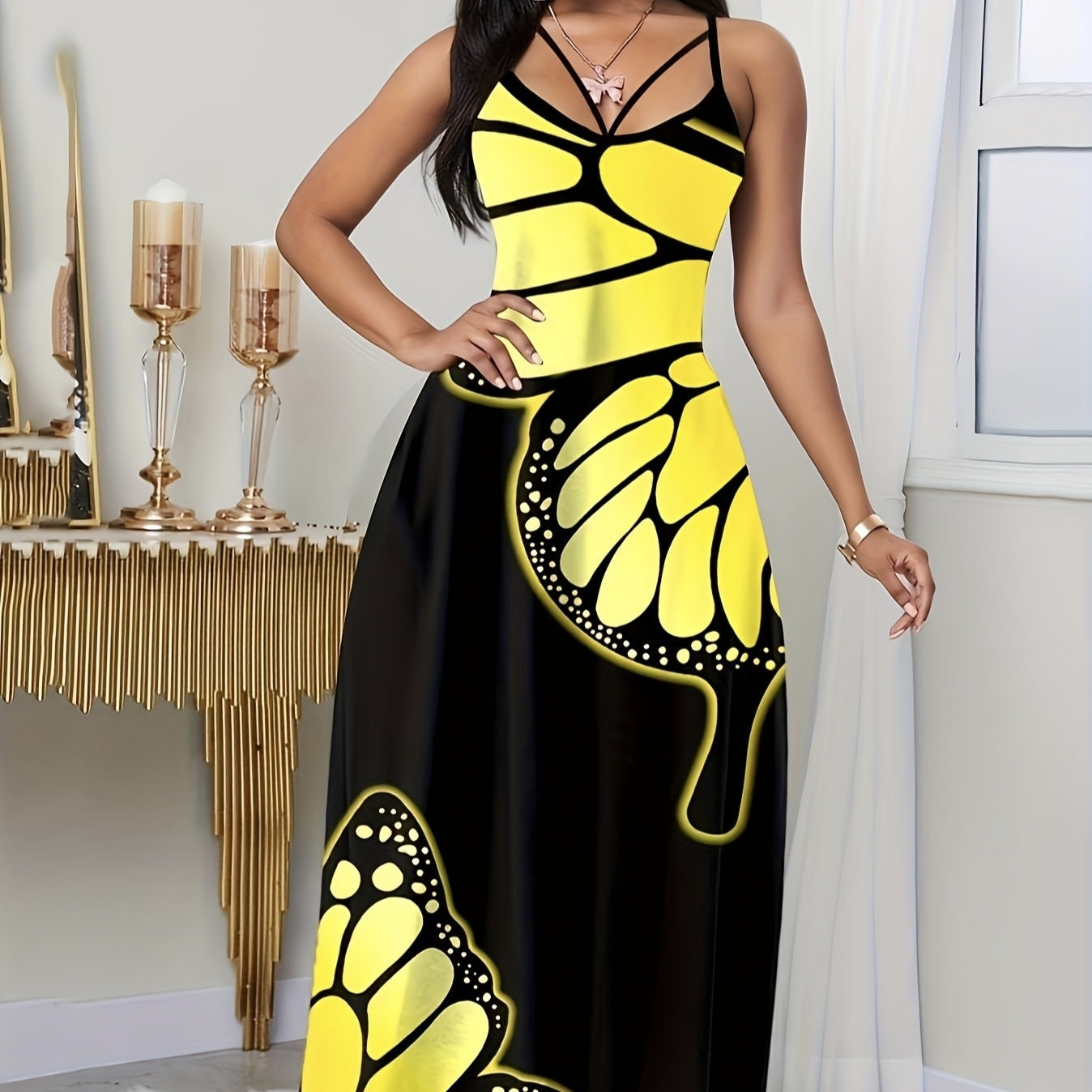 Ladies' V-neck Fashionable Butterfly Print Black Long Skirt Dress Grayceful LLC