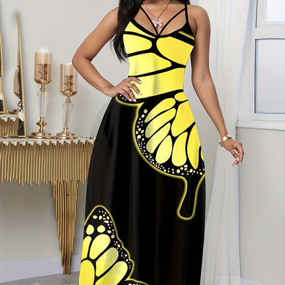 Ladies' V-neck Fashionable Butterfly Print Black Long Skirt Dress Grayceful LLC