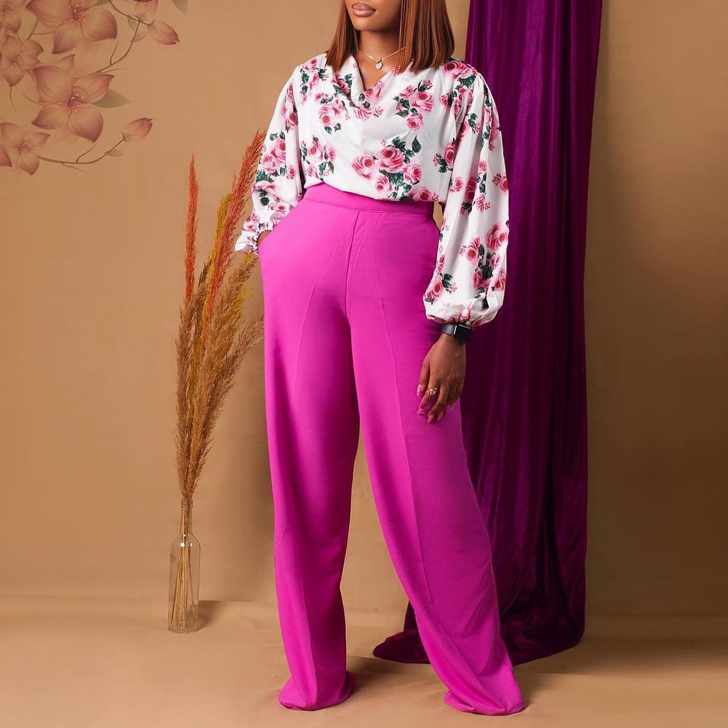 Printed Floral Lace-Up Top & Wide-Leg Pants Set – 4 Colors, S–3XL FitiqueFit