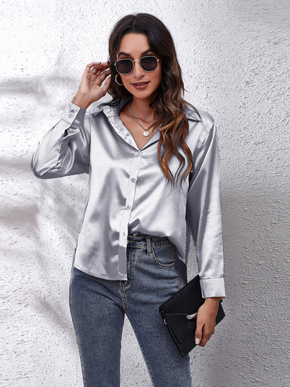 Hot Style In-Kind Shooting Satin Shirt Women'S Satin Imitation Long-Sleeved Shirt New European And American Cross-Border Women'S Clothing NovaCart