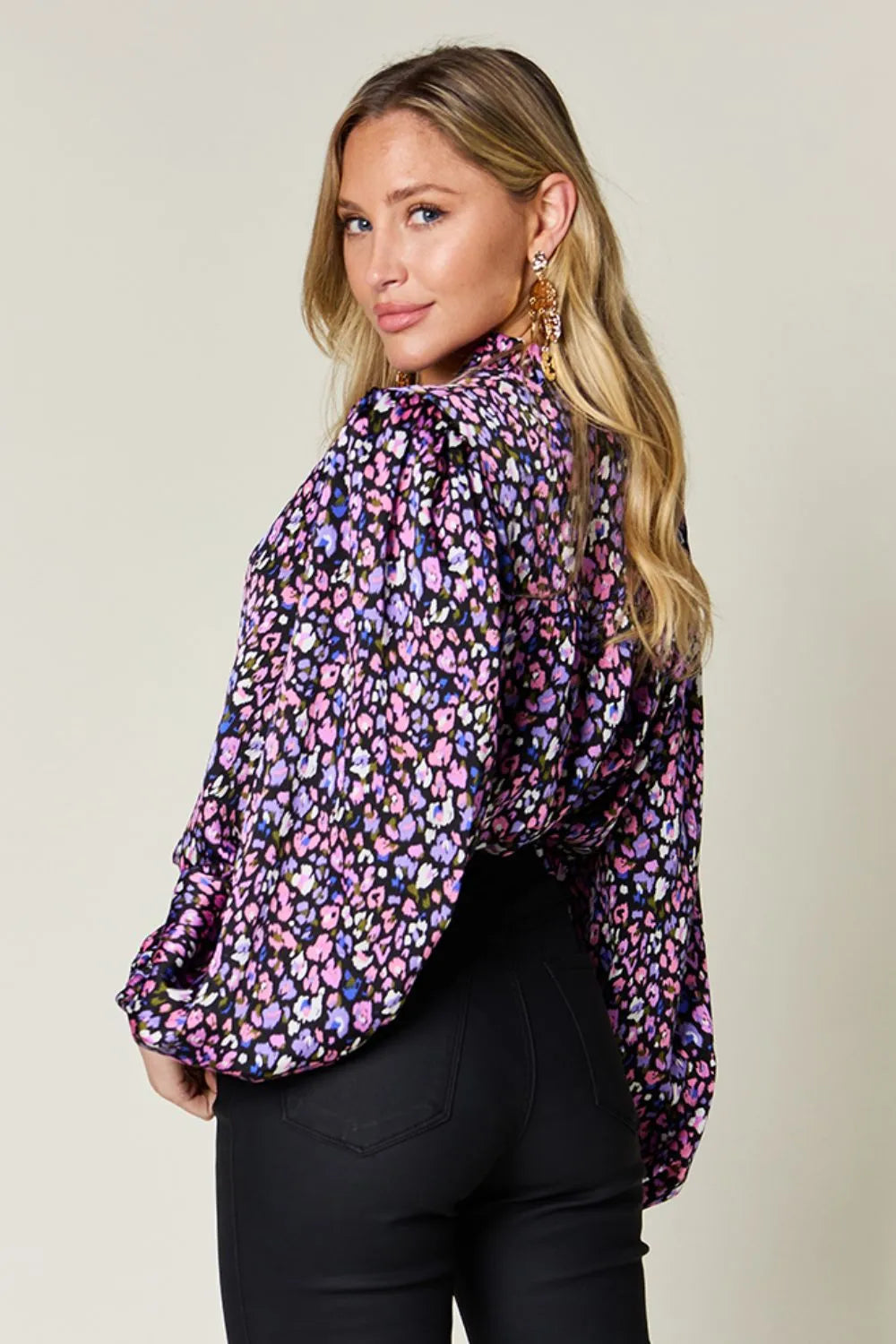 Double Take Full Size Printed Balloon Sleeve Shirt New Era Fashion LLc