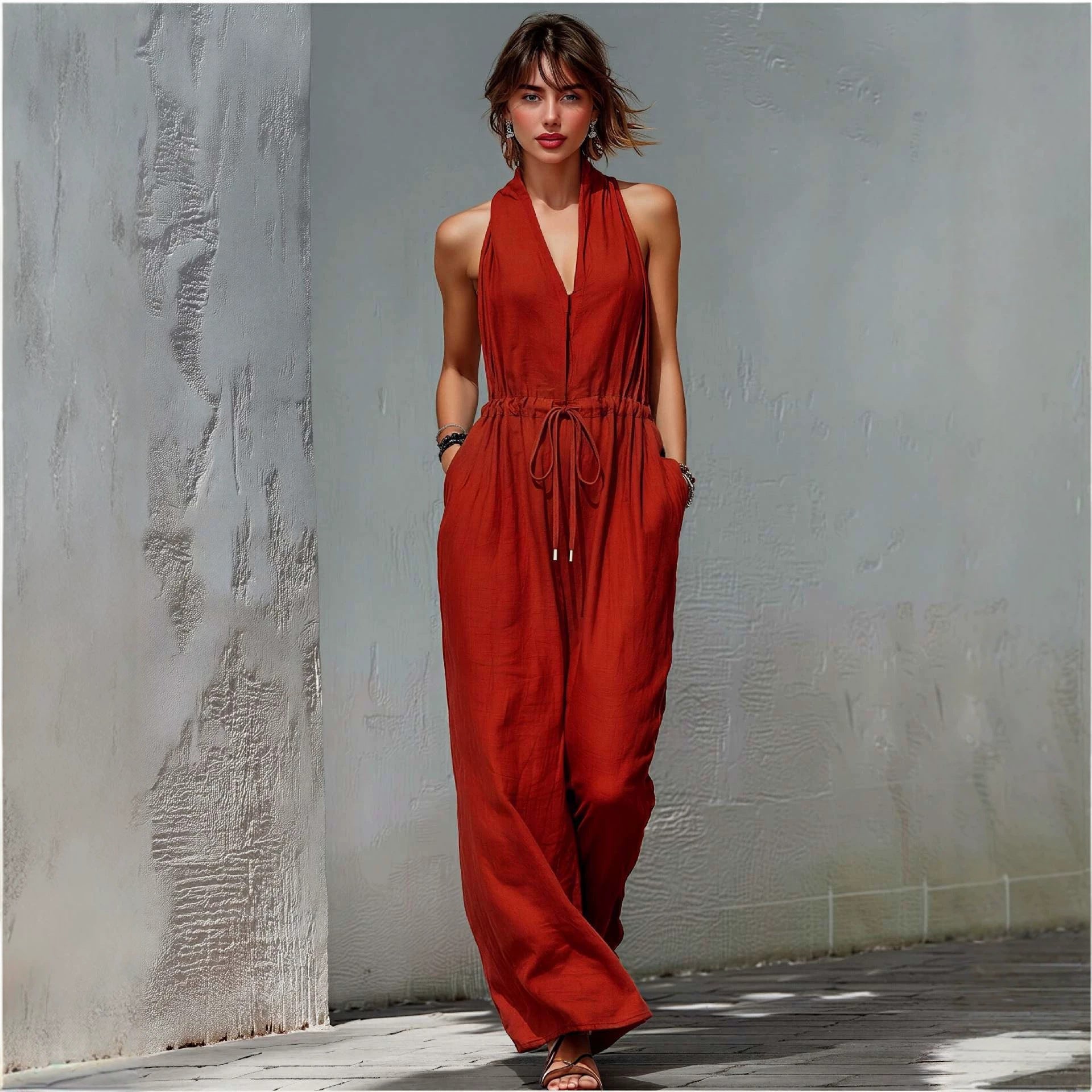 Women's Sleeveless Halter Neck Solid Color Long Jumpsuit FitiqueFit